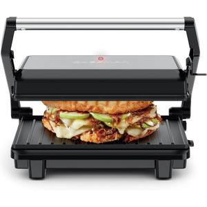 Chefman Panini Press, Indoor Grill and Gourmet Sandwich Maker, Nonstick Plates Open 180 Degrees, Floating Hinge for Thick Bread and Rolls, Stainless-Steel Finish with LED Indicators, 2 Slice - Black