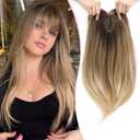 18inch Hair Topper with Bangs Synthetic 6.5"X6.5" Big Base Cover Clip in Hairpieces for Women with Thinning Hair Add Volume Daily Use(Brown Blonde with Dark Root)