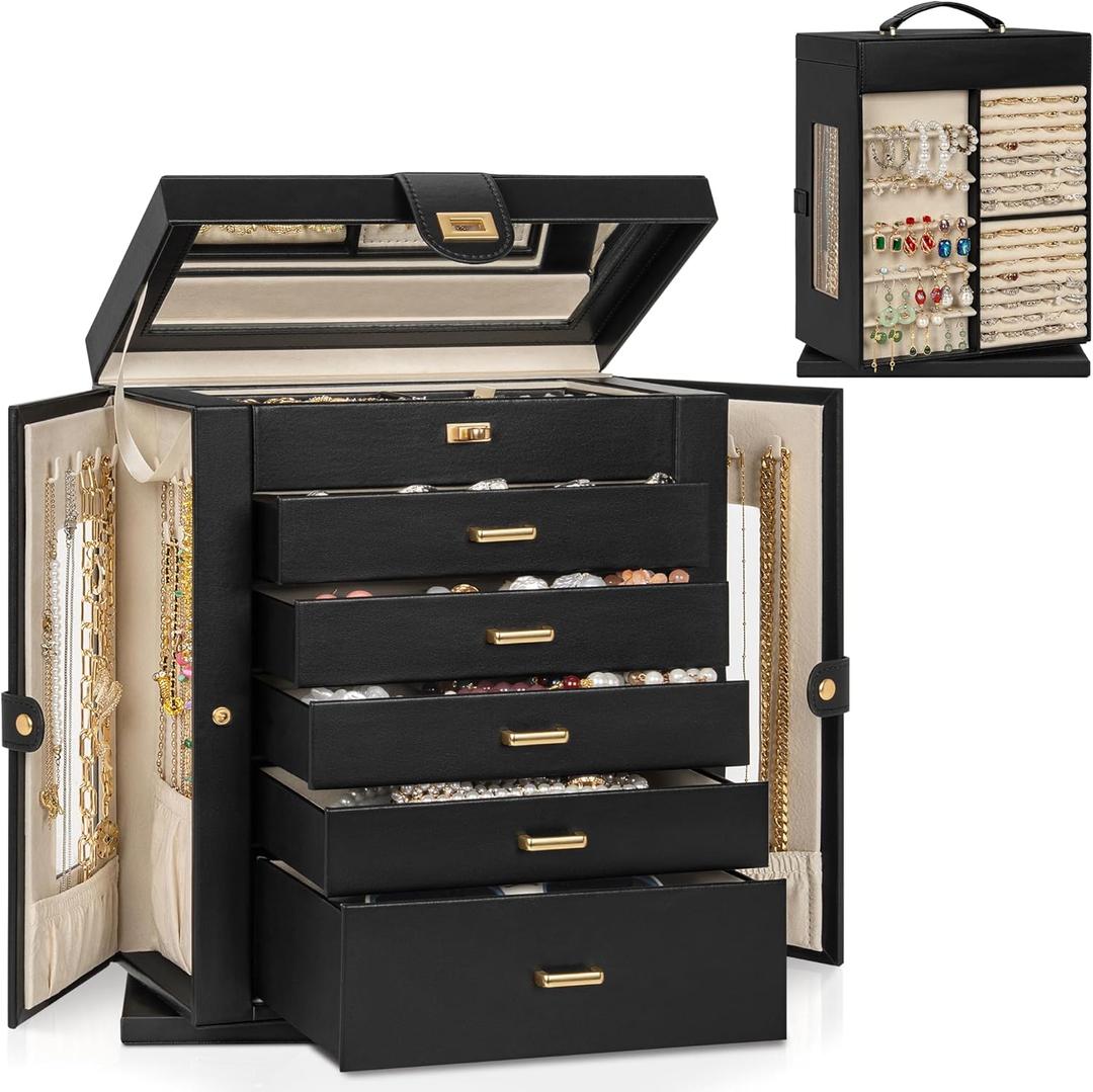 AKOZLIN Jewelry Box 6-Tier Organizer Functional 360 Rotating Jewelry Storage Case for Women Girls Ring Necklace Earring Bracelet Holder with Mirror (Extra Large-Rotating, Black)