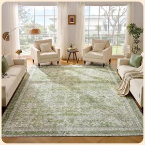 Istana Living Room Rug 10x14 - Stain Resistant Washable Light Green 10 x 14 Area Rug - Foldable Machine Washable Area Rugs 10x14 - Stylish 10x14 Area Rugs Boho
