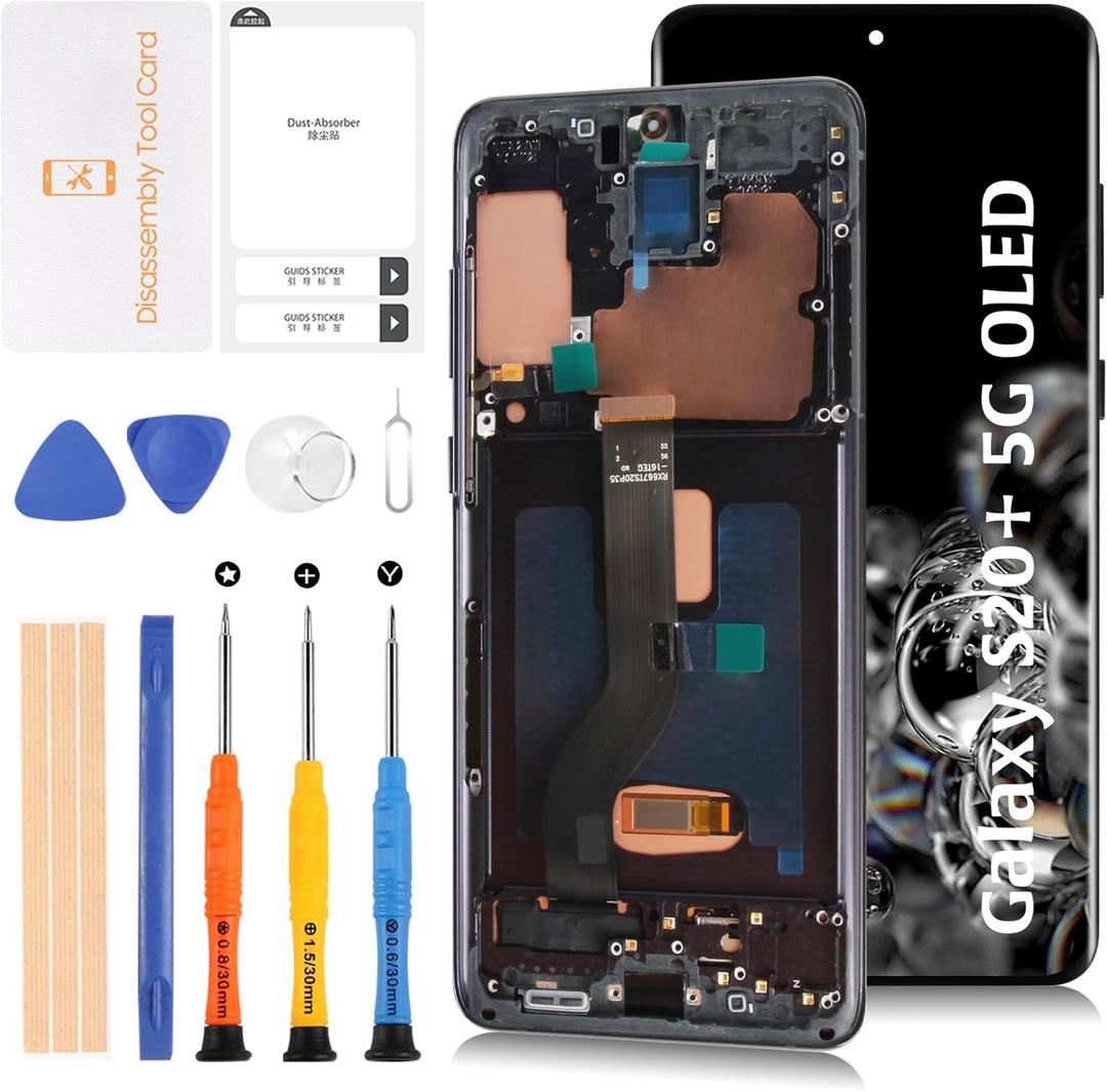 Olivechard S20+ 5G AMOLED LCD Display (Fingerprint support)+Cosmic Black Frame 6.67" Not 6.7" For Samsung Galaxy S20 Plus 4G SM-G985/S20+ 5G SM-G986 LCD Screen Replacement Touch Digitizer Assembly Kit