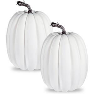 vensovo 2PCS 8 Inch White Plastic Pumpkins for Decorating  Large Artificial Foam Pumpkins for Fall Decor, Halloween, Thanksgiving, Paintable for DIY Crafts & Centerpieces