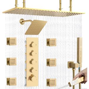 Dual Shower Heads System 16"x32" Ceiling Mount Rainfall and 6" Wall Mounted Shower Heads with 6 body Jets Thermostatic Shower Valve Full Body Shower System Can All Run Together Brushed Gold