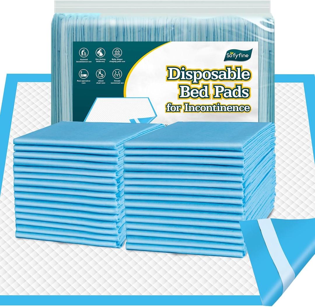 SOFYFINE 50 Count Bed Pads with Adhesive Strip 30"x36" Thicken Elderly Adults Incontinence Underpads Disposable, Heavy Duty Absorbent Chucks Waterproof, XL Extra Large Puppy Pee Training Pad