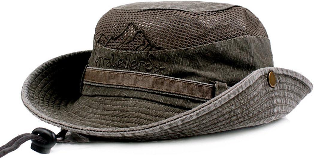 Sun Hat for Men, Cotton Embroidery Summer Outdoor Sun Protection Wide Brim Bucket Hat Foldable Safari Boonie Hat (6 7/8-7 1/4, Army Green)