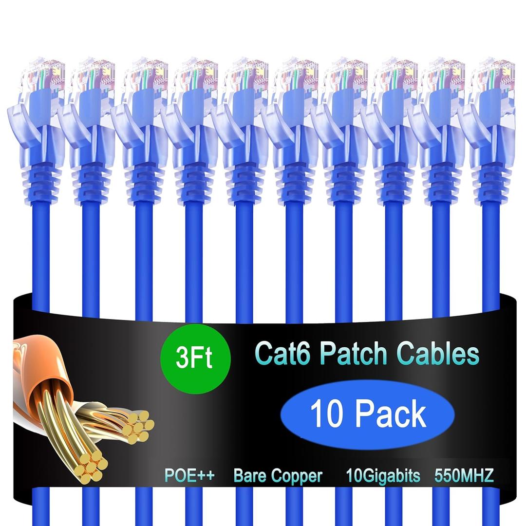 Cat6 Ethernet Cable 3 ft (10 Pack) - 10G Network Patch Cable for Data Centers, Home and Enterprise Networks - Blue