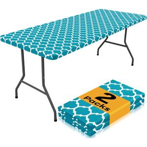Smiry 2 Pack Rectangle Table Cloth 4 Foot, Waterproof Elastic Fitted Tablecloths, Windproof Washable Polyester Table Cover for Picnic, Camping, Outdoor (Teal, 30"x48")