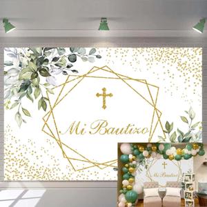 Mi Bautizo Backdrop First Holy Communion Baptism Background Newborn Baby Shower Gold Glitter Background Greenery Eucalyptus Photo Booth Props 7x5ft (7X5FT(84x60 inch))