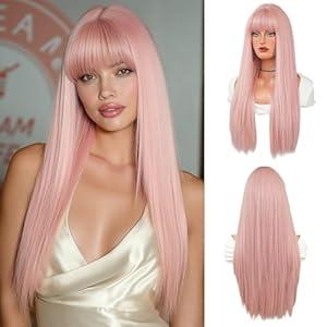 PARK YUN 28 Inch Long Straight Pink Wig with Bangs for Women Pastel Rose Pink Synthetic Wig Natural Looking Soft Hair for Daily Use Fashion Cosplay Party