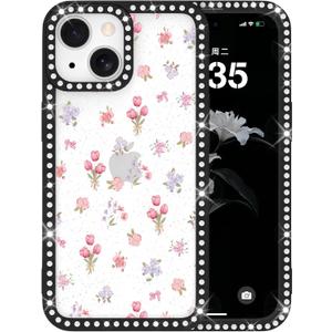 Skyseaco for iPhone 15 Case Glitter, Cute Clear Flower Floral Pattern for Women Girls, Bling Sparkly Double-Sided Rhinestones, Soft Shockproof Protective Cover, Black