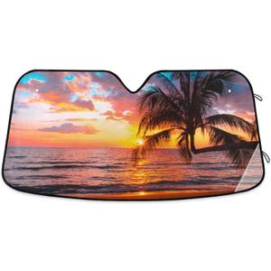 Palm Trees Beautiful Sunset on The Tropical Sea Beach Car Windshield Sun Shade Blocks UV Rays Sun Visor Protector Foldable Sun Reflector to Keep Your Vehicle Cool