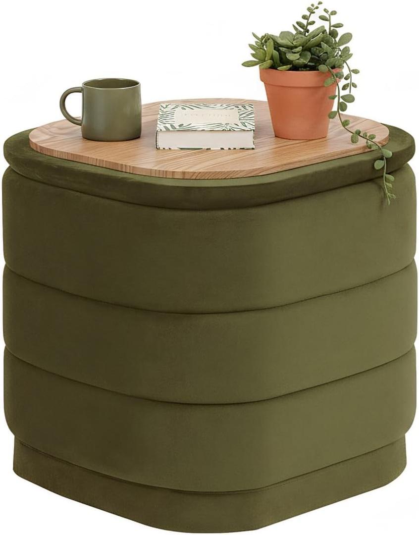 B FSOBEIIALEO Velvet Storage Ottoman with Tray, Square Folding Ottoman with Storage Coffee Table Foot Rest for Dorm Room, Living Room Olive, 15"x15"x15"