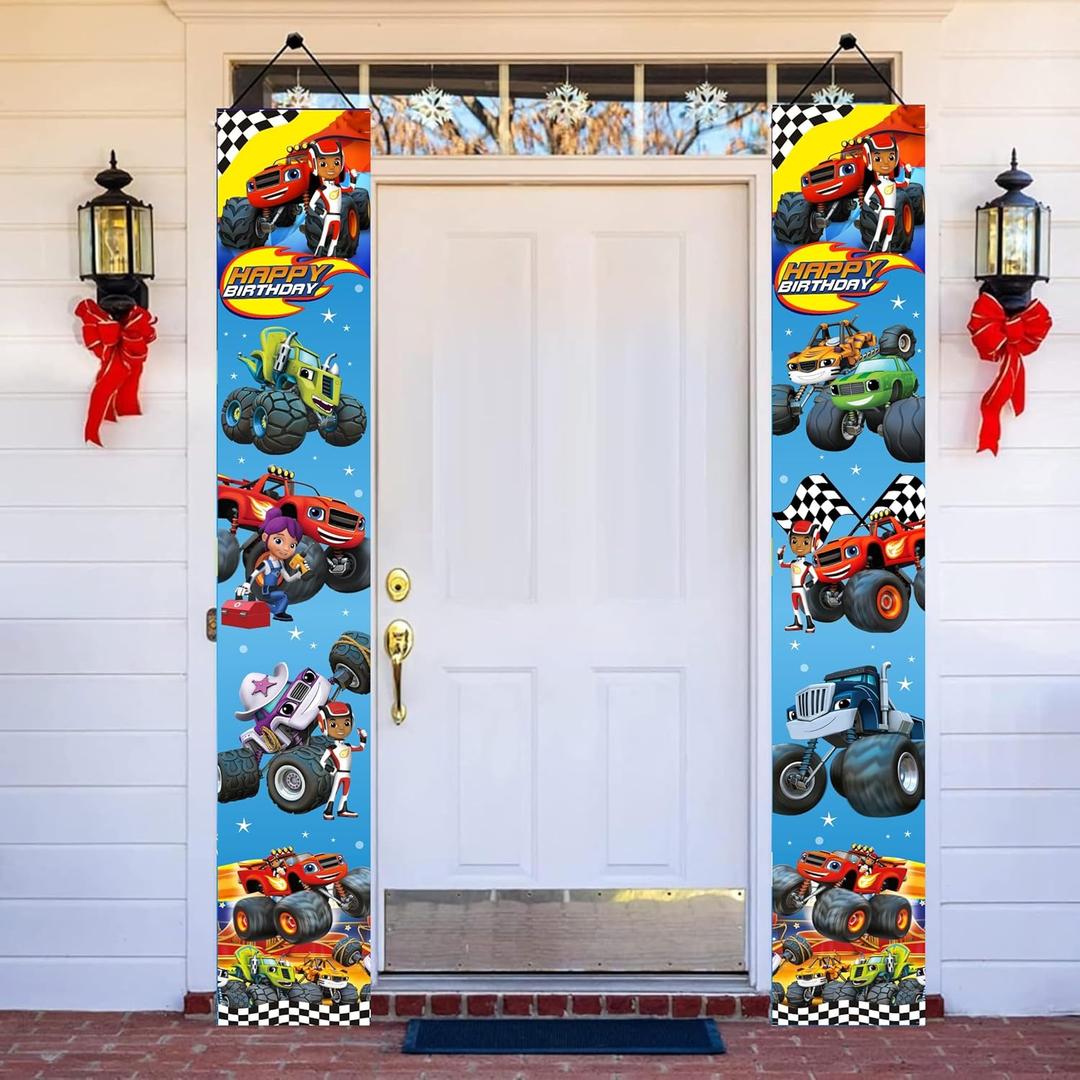 2Pcs Cartoon For Blaze and The Monster Birthday Porch Sign Door Hanging Banner Cartoon Birthday Party Supplies for Wall Decorations.