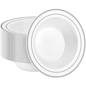 50 Pack Disposable Soup Bowls with Silver Rim, 12oz Premium Heavy Duty Plastic Dinner Bowls for Party, Wedding and Holiday