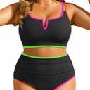 Yonique Women Plus Size High Waisted Bikini - Ribbed Two Piece Swimsuit Tummy Control Bathing Suit V-Wired 2025 Swimwear Colorful Black 12W