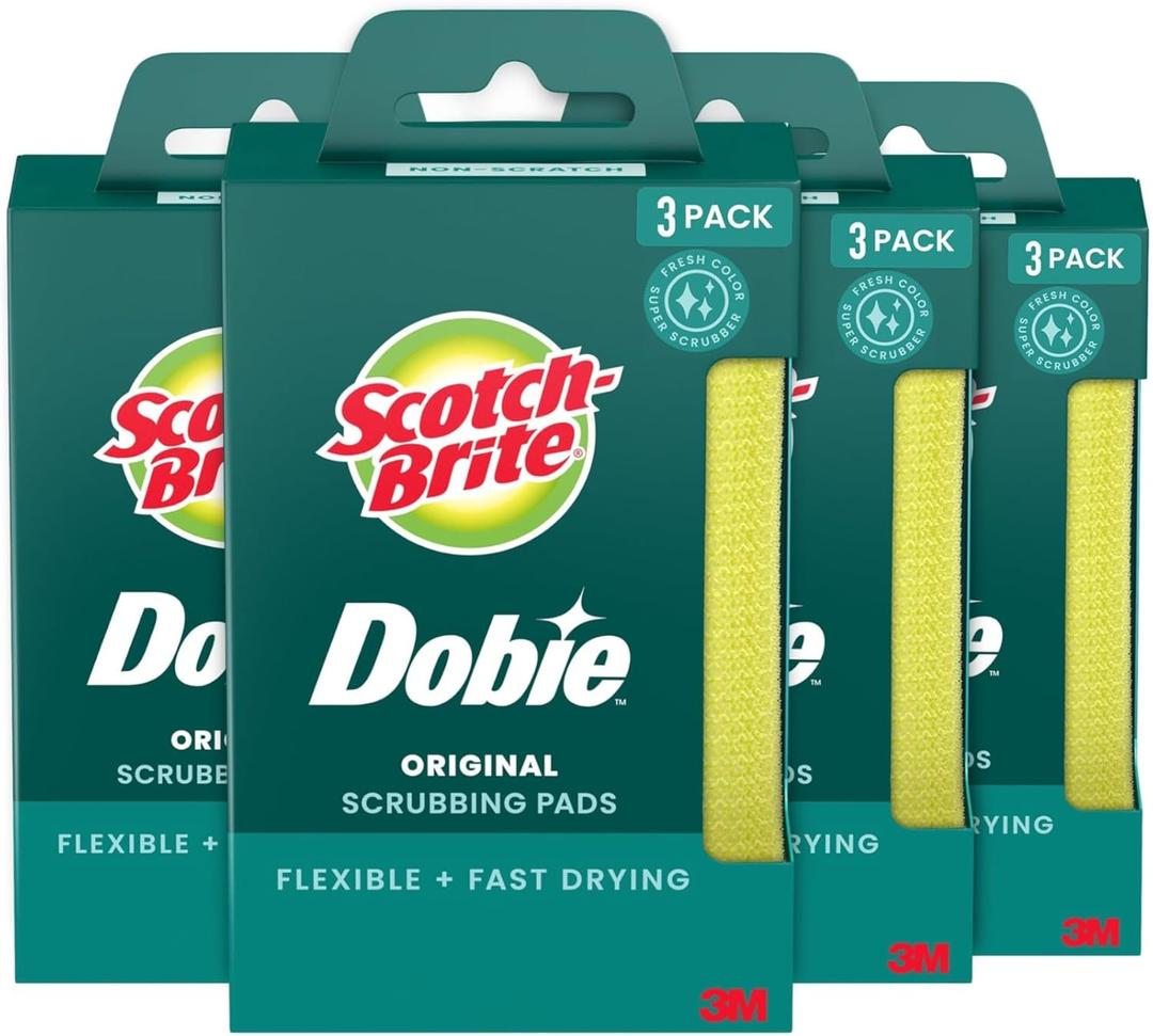 Scotch Brite Dobie Non Scratch All Purpose Scrub Pads, 12 Total Pads (6 Packs of 2), Reusable Scouring Sponges for Kitchen & Bathroom, Safe on Non Stick Cookware, Yellow