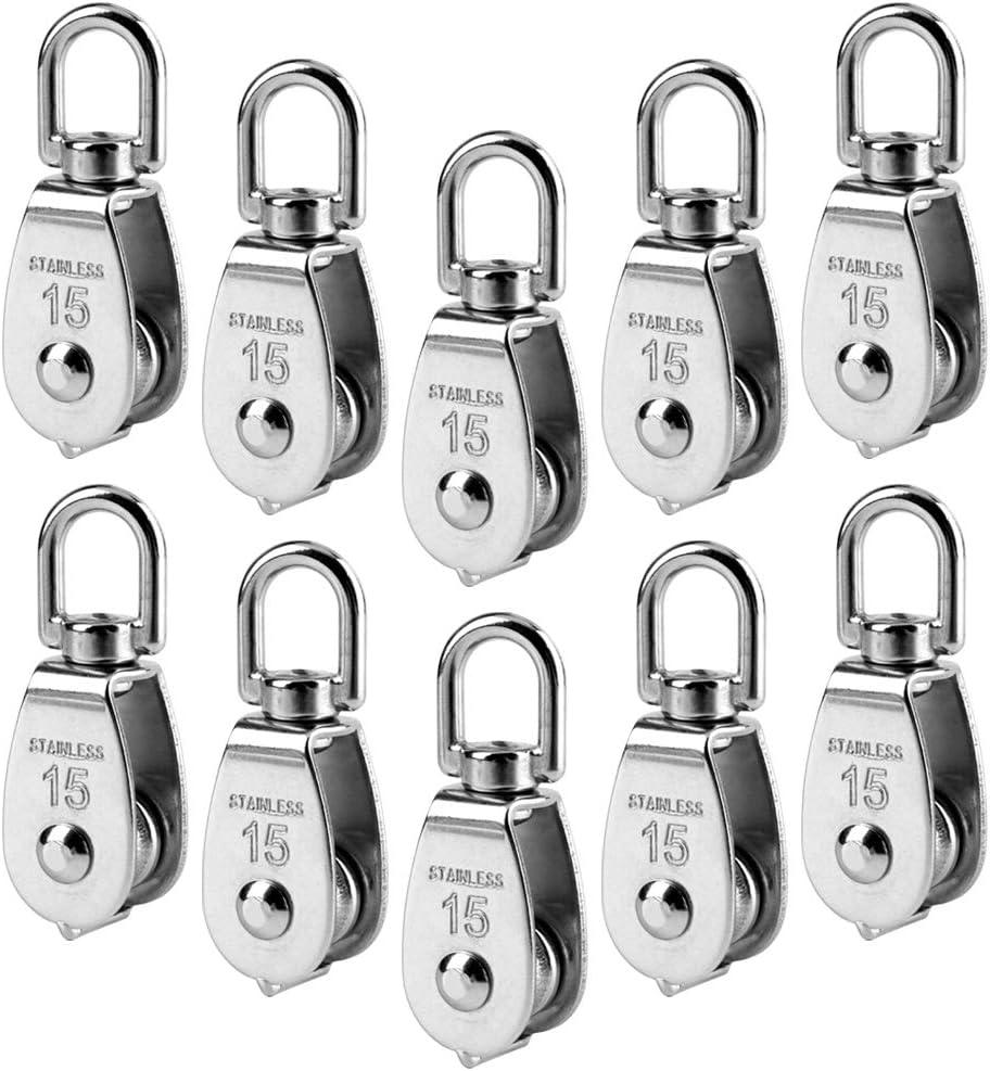 Pack of 10 Small Pulley M15, M15 Lifting Single Pulley, Stainless Steel Wire Rope Crane Pulley Block Hanging Wire Towing Pulley Wheel for Towing Traction, 35 kg Load Capacity, Silver