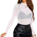 Avidlove Mesh Top for Women Long Sleeve See Through Shirt Mock Neck Sheer Blouse Clubwear Party XS-3XL (White, L)