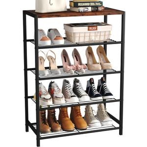 Yusong Shoe Rack Organizer, 5 Tier Industrial Shoe Storage Shelf, Narrow Sturdy Metal Shoe Shelves for Closet Entryway, Rustic Brown