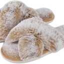 Parlovable Women's Fuzzy Slippers Comfy Cross Band House Shoes Memory Foam Open Toe Indoor Gifts for Ladies (7-8, Tip Camel)