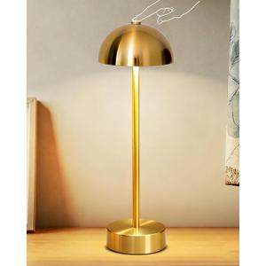 Cordless Table Lamp, Rechargeable Battery Operated Mushroom Lamp, 2-in-1 Adjustable Height, 3 Color Stepless Dimming, Brushed Metal LED Desk Lamp for Restaurant, Bedroom, Patio, Gold