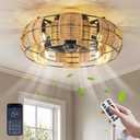 22 inch Boho Rattan Caged Ceiling Fan with Light, Low Profile Flush Mount Bladeless Ceiling Fan with Light and Remote&APP Control Quiet 6-Speed Reversible DC Motor for Living Rooms and Kitchens, Black, Large