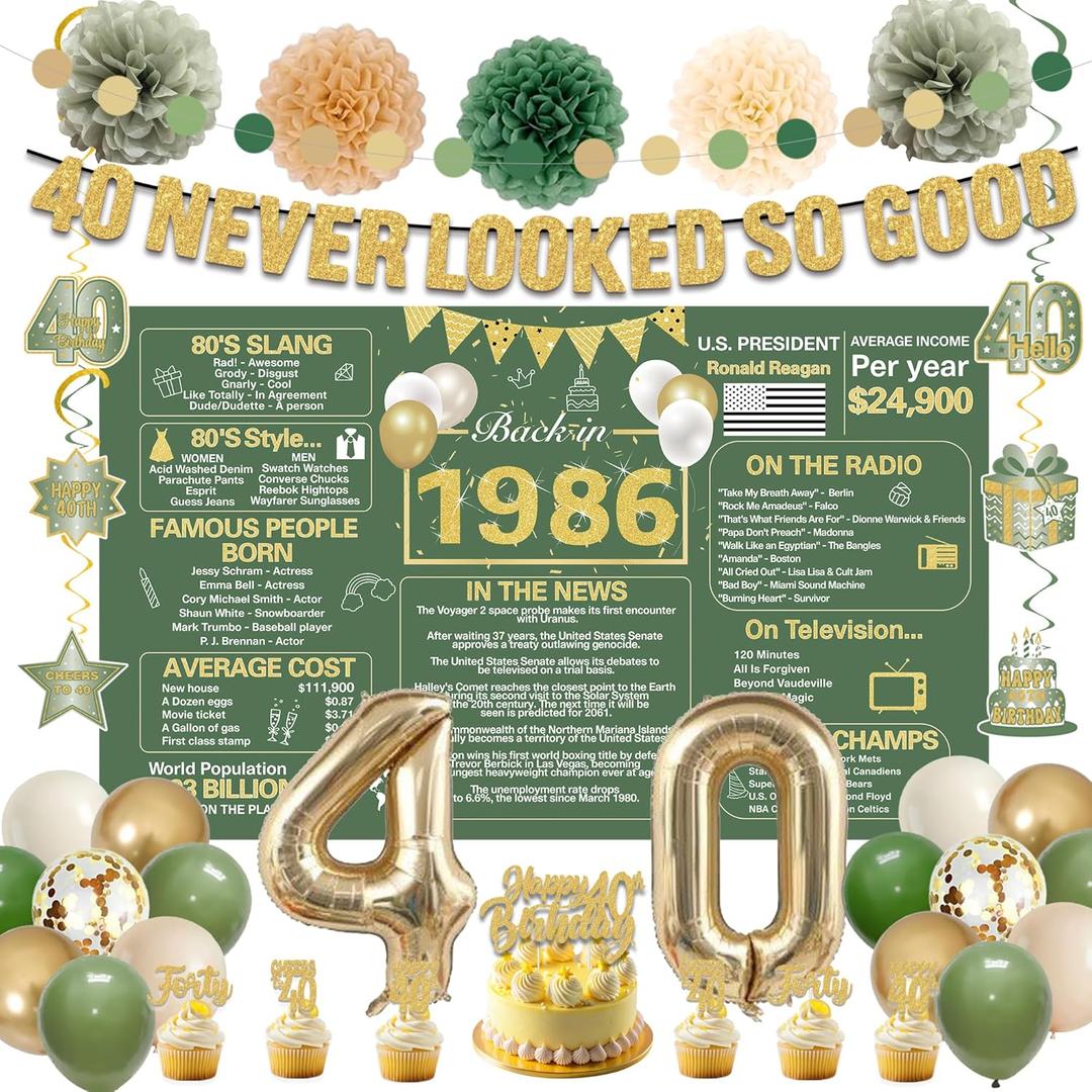 Crenics Green and Gold 40th Birthday Decorations for Men Women - Back in 1986 Backdrop, Banner, Paper Pom Poms, Hanging Swirls, Cake Topper and Balloons for 40 Birthday Party Supplies