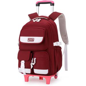 Solid Color Rolling Backpack for Girls Boys Cute Elementary school bag with wheels,Red Trolley Bags for Travel