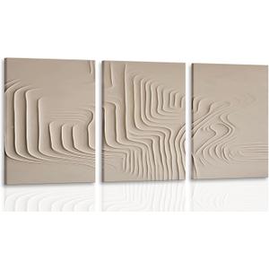 3Pcs Framed Beige Cream Abstract Textured Line Art Curved Canvas Wall Art Prints Posters Pictures Paintings Wall Decor for Minimalist Boho Living Room Bedroom Office Decoration