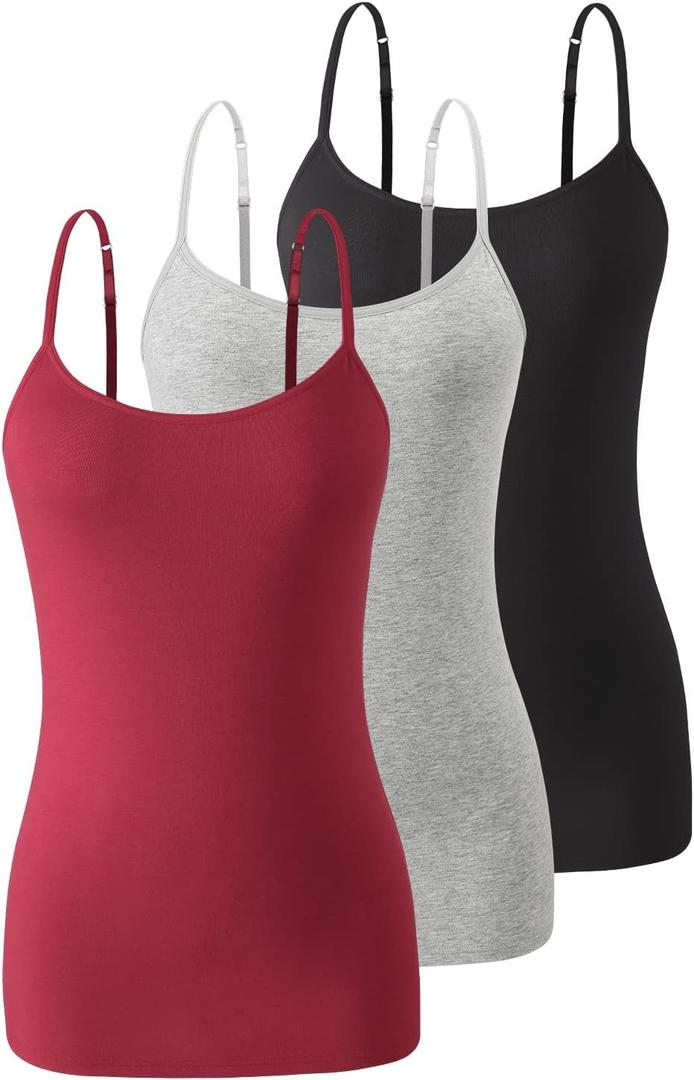 Air Curvey 3 Pack Camisole Tops for Women Built in Bra Adjustable Strap Soft Cotton Undershirt Tanks Seamless Layering Tops (XX-Large, Black Gray Wine Red)