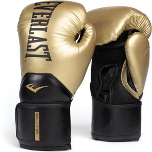 Everlast Elite 2 Boxing Gloves, Pro Training Gloves for Men and Women, Secure Fit Hook and Loop Closure & Ventilation, Heavy Bag & Speedbag Training (16oz, Gold/ Black)