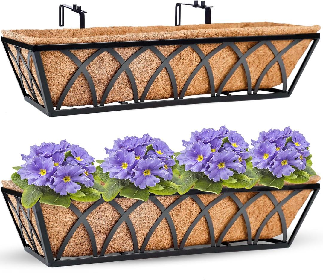 HFHOME 24 inch Window Deck Rail Planter Including Coco Liner, 24" Dia Window Box Horse Trough with Coconut Coir Liners, Black Metal Hanging Flower Planter Basket for Indoor Outdoor Lawn - Set of 2