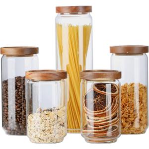 Glass Storage Jars with Wood Lid [Set of 5], Airtight Food Containers Stackable for Coffee Beans| Nuts| Pasta (25oz*2+34oz*2+54oz)
