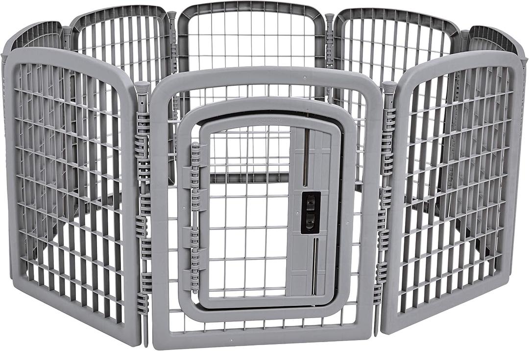 Amazon Basics 8-Panel Octagonal Plastic Dog Playpen, Indoor/Outdoor Pet Fence with Gate, Exercise Pen for Puppies and Small Animals, 28 inches, Grey