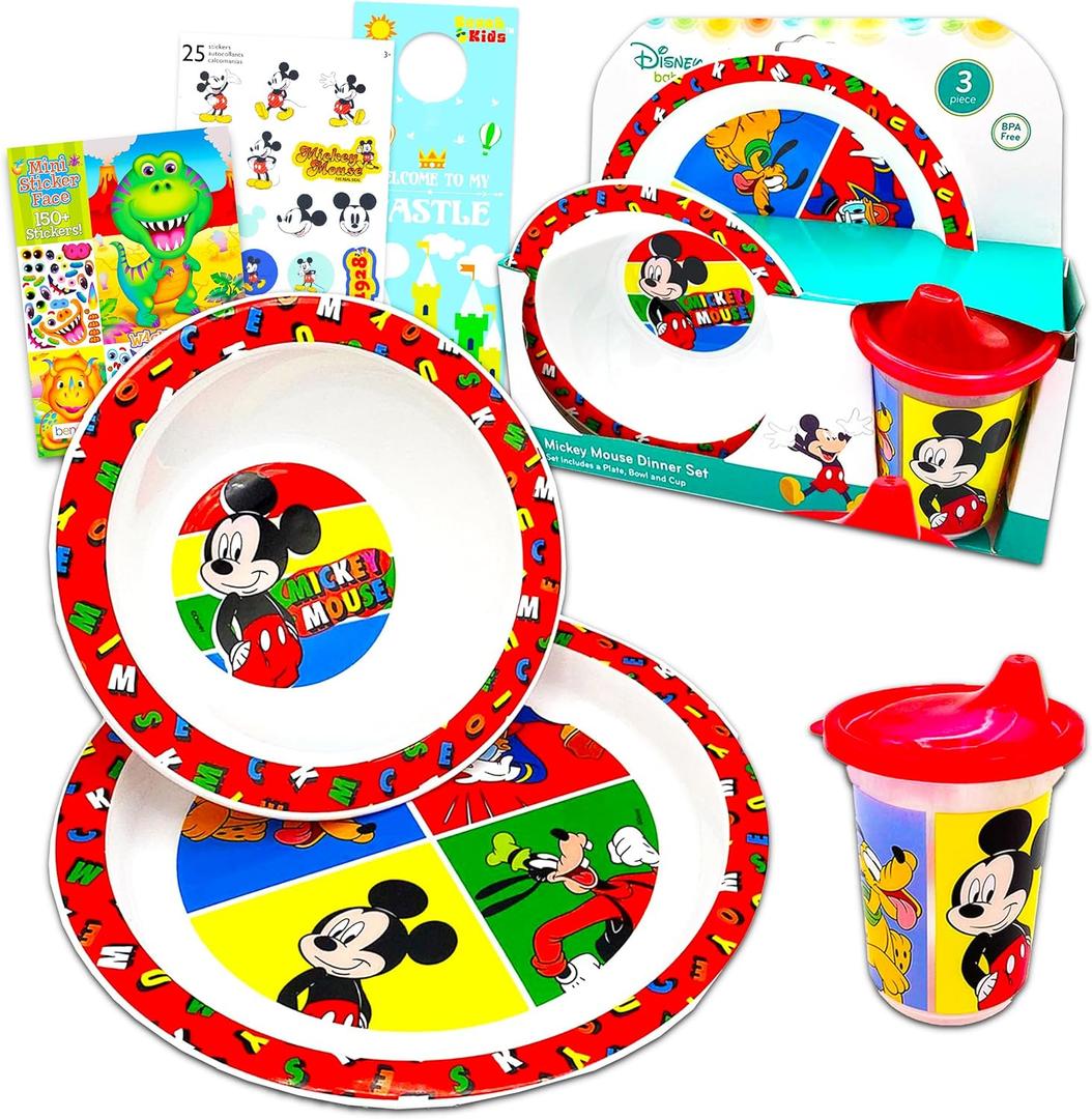 Mickey Mouse Dinnerware Set - Bundle of 3 Pc Disney Dinner Plate, Bowl, Cup, Stickers, More | Mickey Mouse Flatware Set for Babies, Kids and Toddlers