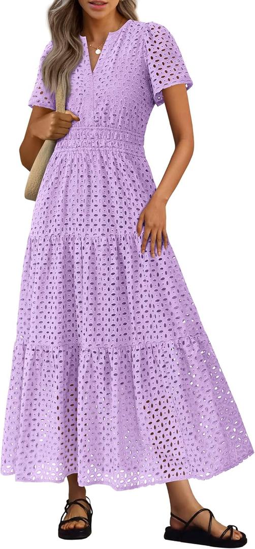 PRETTYGARDEN Womens 2026 Summer Maxi Dress Short Sleeve V Neck Hollow Out Eyelet A Line Long Flowy Beach Vacation Dresses (Purple, L)