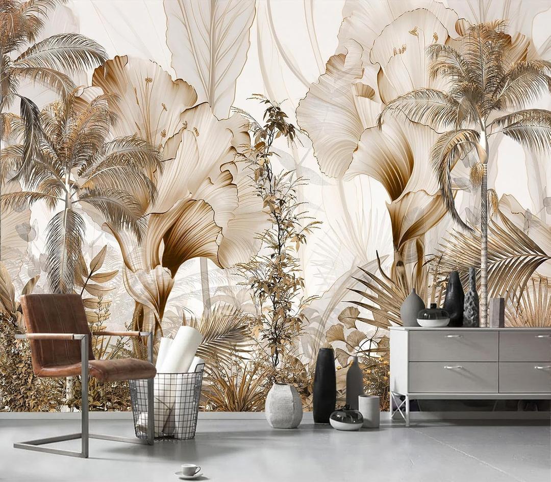 Modern Neutral Beige Abstract Tropical Leaves Art Wallpaper Peel and Stick Canvas material beige tropical palm leaf wallpaper easy peel and stick removable waterproof durable home decor, 135" x 96"