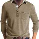 Mens Long Sleeve Polo Shirts Casual Button Moisture Cotton Tees Stylish Tops Golf Shirts with Pocket (X-Large, Khaki)