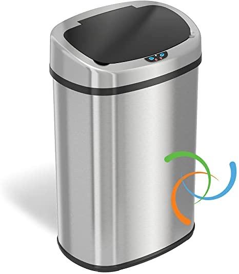 iTouchless 13 Gallon SensorCan KitchenTrash Can with Odor Filter, Stainless Steel, Oval Shape, Sensor-Activated Lid Garbage Bin for Home, Office, Slim Space-Saving, Battery & AC Adapter not included