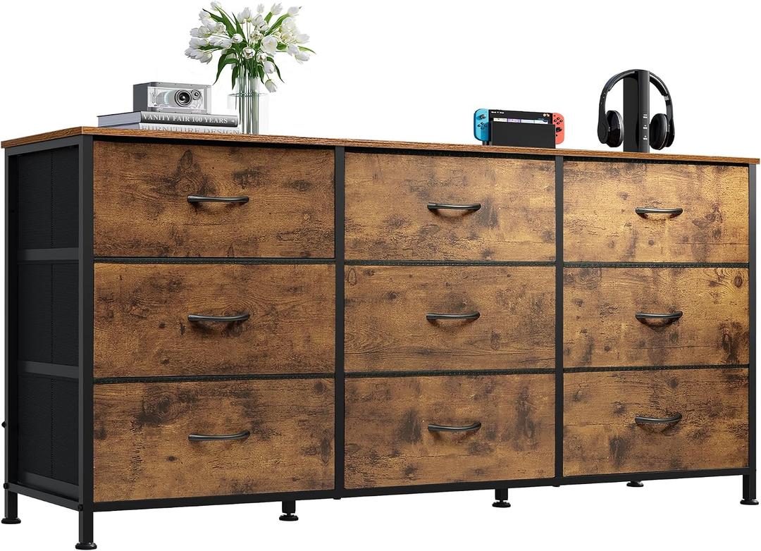 WLIVE 47''W Dresser for Bedroom, Dresser TV Stand for 45, 50, 55 inch TV, Wide Chest of Drawers with 9 Drawer, Large Entertainment Center, Fabric Dressers with Wood Top for Living Room, Rustic Brown, Regular Size