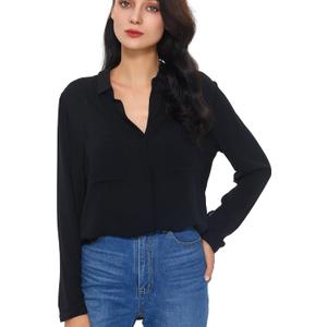 Womens Button Down Shirt Long Sleeve Button Up Shirt Ladies Work Blouses Loose Fit Tops (Black, S)