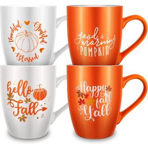 Funtery 4 Pcs Thanksgiving Coffee Mugs Fall Mugs Autumn Pumpkins Cups Happy Fall Y'all Coffee Mug Good Morning Pumpkin Cup Camp Mug Campfire Mug Ceramic Cup for Home Women Men Mom Dad (Orange,White)