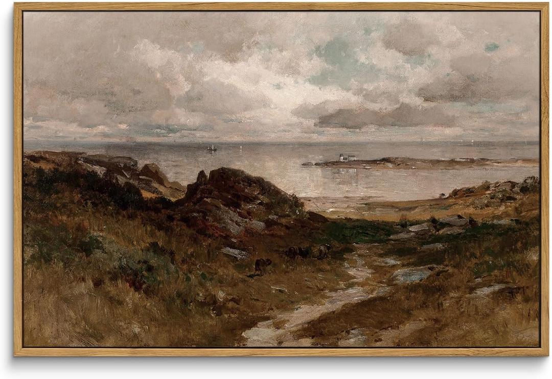 InSimSea Framed Canvas Wall Art Vintage Decor, Seaside Path Wilderness Landscape Paintings Artwork, Large Prints, Retro Wall Decorations for Living Room Bedroom Bathroom, 16"x24" (Massachusetts Coast)