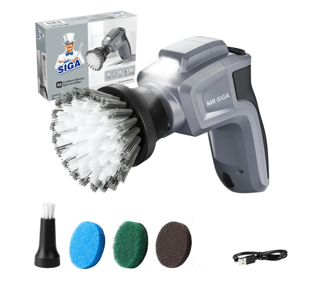 MR.SIGA Electric Spin Scrubber for Kitchen and Bathroom Cleaning, Waterproof Rechargeable Cordless Spin Scrubber with 5 Replaceable Cleaning Brushes and Pads