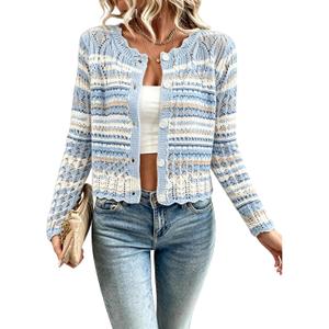 Urchics Women's Hollow Out Knit Cardigan Sweaters Cropped Scalloped Tops (Medium, Blue White Stripes)