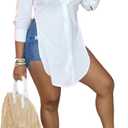 LYANER Women's Collar V Neck Button Front Long Sleeve Slit Hem Long Shirt Blouse Top (Medium, White)