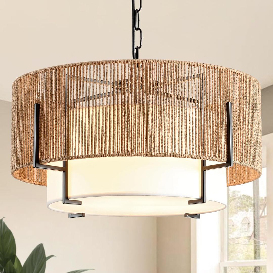 4-Light Rattan Chandelier, 19.7" Boho Pendant Light with Fabric Shade, Farmhouse Rattan Hanging Ceiling Light Fixture for Dining Room, Living Room, Kitchen Island, Bedroom, Hallway, Foyer