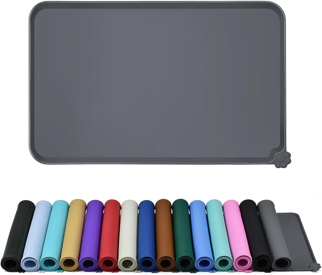 Waterproof Pet Feeding Mat with High Raised Edges, Heavier and Thicker Placemats for Cat Dog Water Bowl with BPA Free, Dogs Cats Food Mats for Messy Drinkers to Prevent Spill and Protect Floors (18.5" x 11.5", Grey)