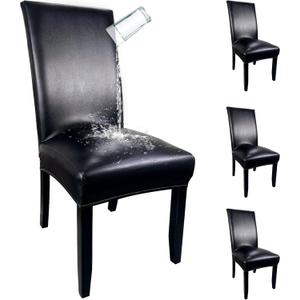 Pu Leather Dining Chair Covers set of 4, Waterproof Kitchen Chair Covers for Protecting Chairs from Stain/Scratch, Soft & Elastic Parsons Chair Slipcover Well-Fitted for Dinning Room(Black, 4Pcs)
