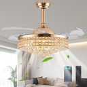 48" Dimmable Gold Fandelier Ceiling Fans with Lights and Remote Modern Retractable Blade Crystal Chandelier Ceiling Fan for Bedroom Dinning Room Living Room